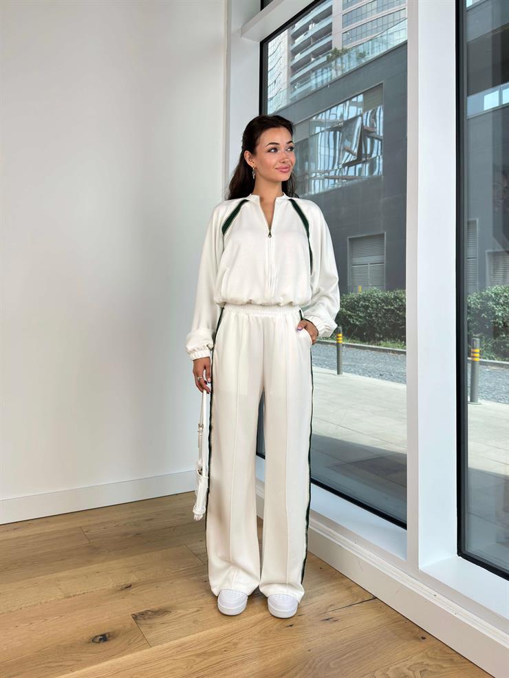 Önü Fermuar Kapamalı Sweatshirt Bol Paça Beli Lastikli Eşofman Altı Marisa Ekru Kadın Eşofman takım 25K168