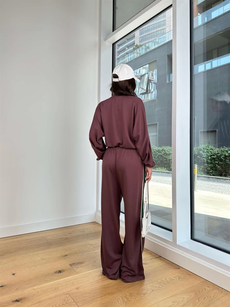 Önü Fermuar Kapamalı Sweatshirt Bol Paça Beli Lastikli Eşofman Altı Marisa Kahve Kadın Eşofman takım 25K168