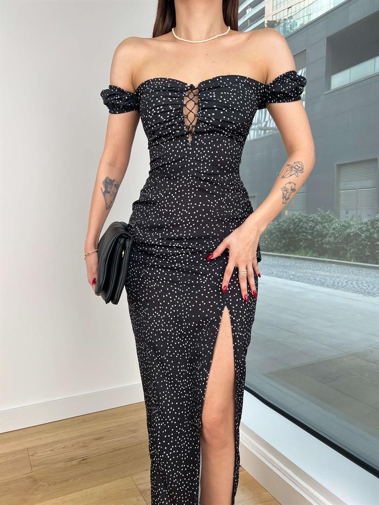 Göğüs Dekolteli Düşük Kol Eteği Yırtmaçlı Puantiyeli Mark Kadın Siyah Elbise 24Y216