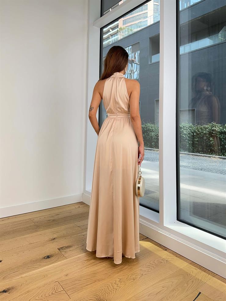 Boğazlı Sıfır Kol Belden Oturtmalı Desenli Marlind Kadın Taş Saten Elbise 24Y103