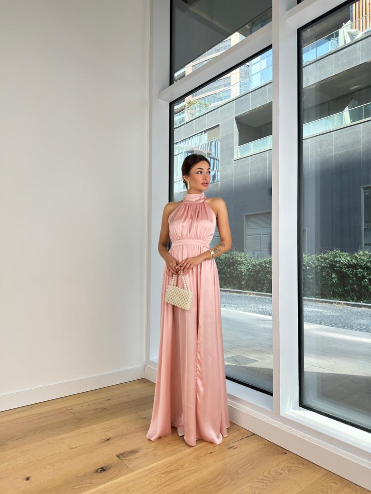 Boğazlı Sıfır Kol Belden Oturtmalı Desenli Marlind Kadın Pudra Saten Elbise 24Y103