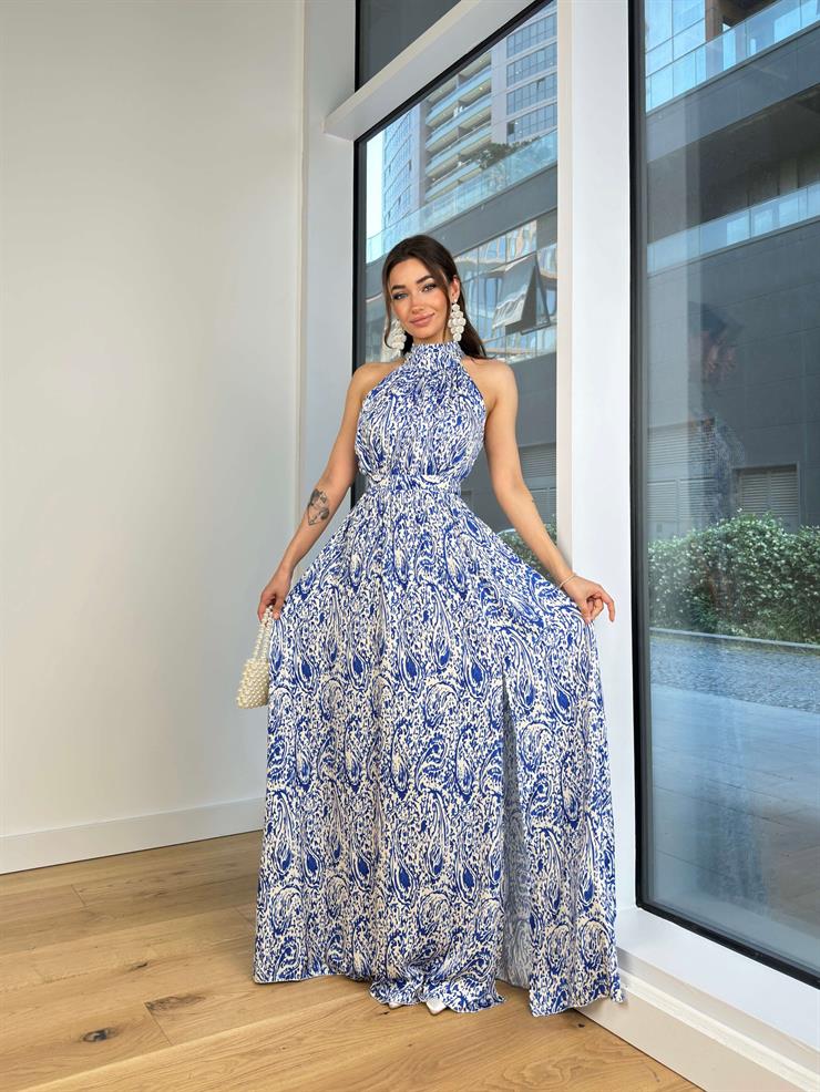 Boğazlı Sıfır Kol Belden Oturtmalı Desenli Marlind Kadın Mavi Saten Elbise 24Y103