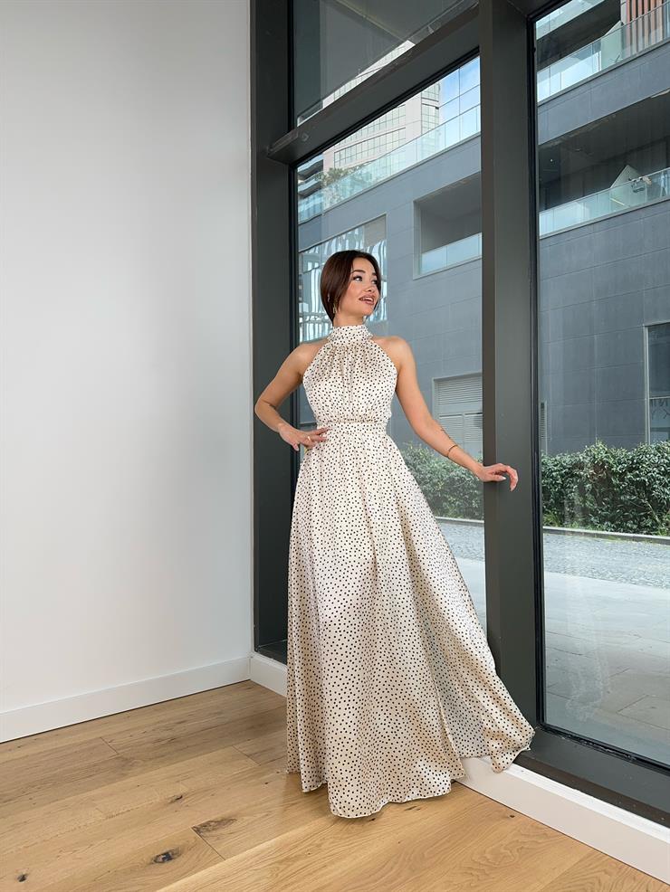 Boğazlı Sıfır Kol Belden Oturtmalı Puantiyeli Marlind Kadın Ekru Saten Elbise 24Y103