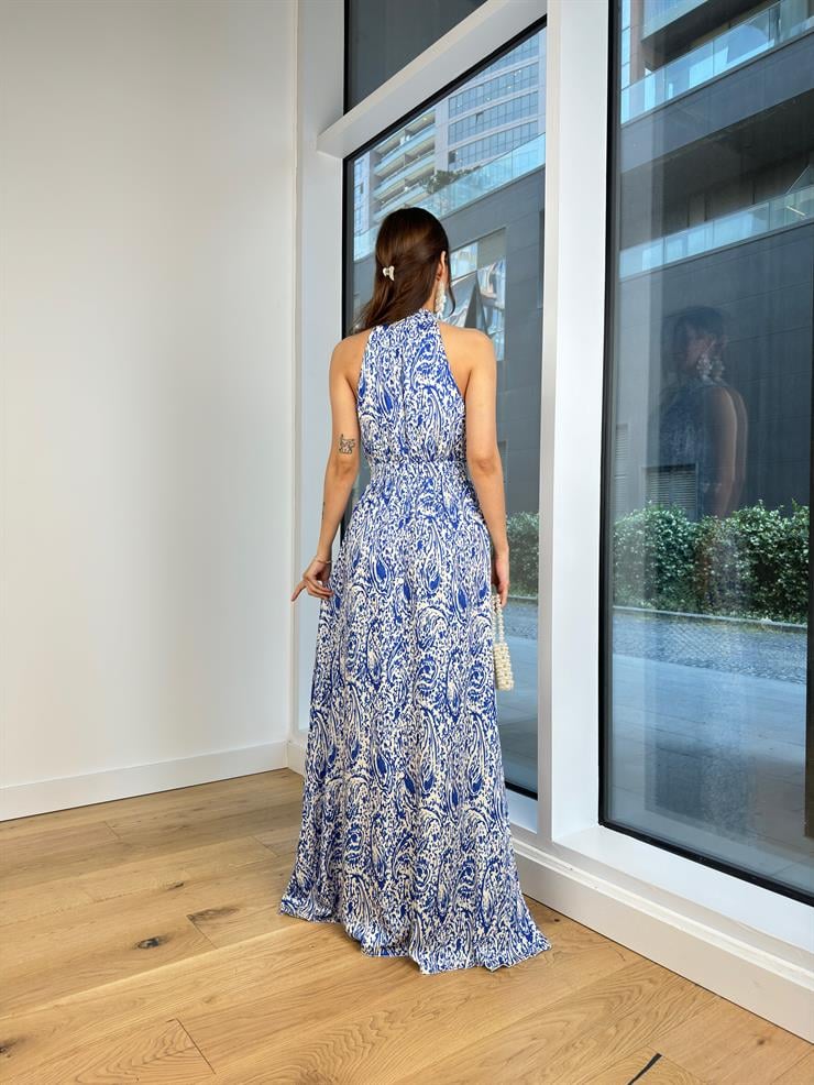 Boğazlı Sıfır Kol Belden Oturtmalı Desenli Marlind Kadın Mavi Saten Elbise 24Y103