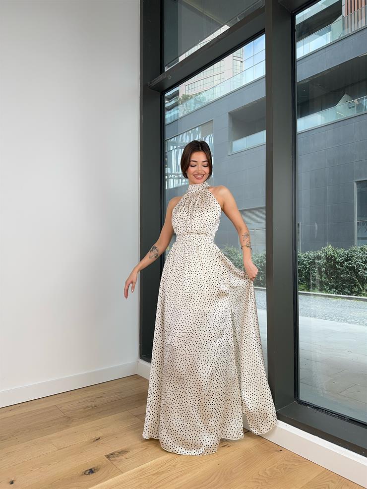 Boğazlı Sıfır Kol Belden Oturtmalı Puantiyeli Marlind Kadın Ekru Saten Elbise 24Y103