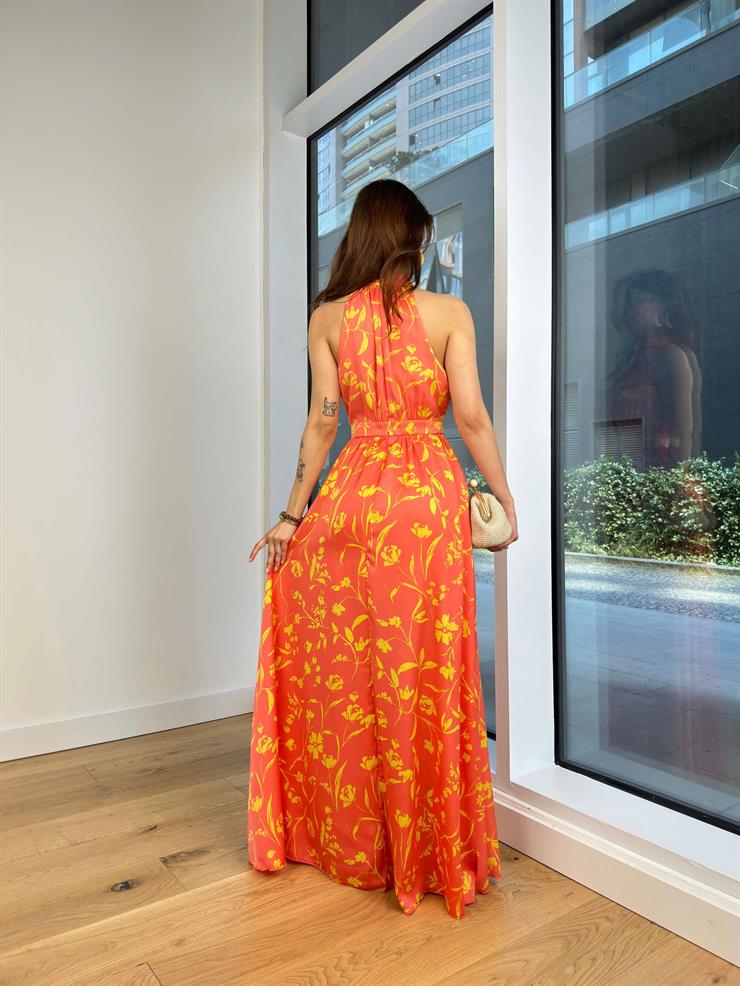 Boğazlı Sıfır Kol Belden Oturtmalı Desenli Marlind Kadın Somon Saten Elbise 24Y103