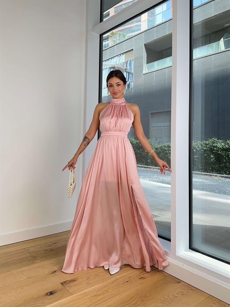 Boğazlı Sıfır Kol Belden Oturtmalı Desenli Marlind Kadın Pudra Saten Elbise 24Y103