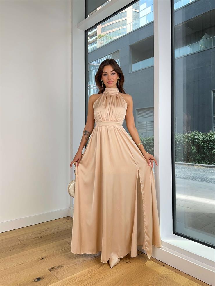 Boğazlı Sıfır Kol Belden Oturtmalı Desenli Marlind Kadın Taş Saten Elbise 24Y103