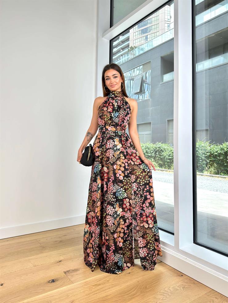 	Boğazlı Sıfır Kol Belden Oturtmalı Desenli Marlind Kadın Renkli Saten Elbise 24Y103