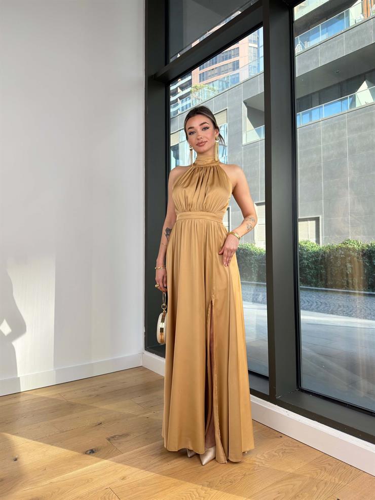 Boğazlı Sıfır Kol Belden Oturtmalı Desenli Marlind Bej Kadın Saten Elbise 24Y103