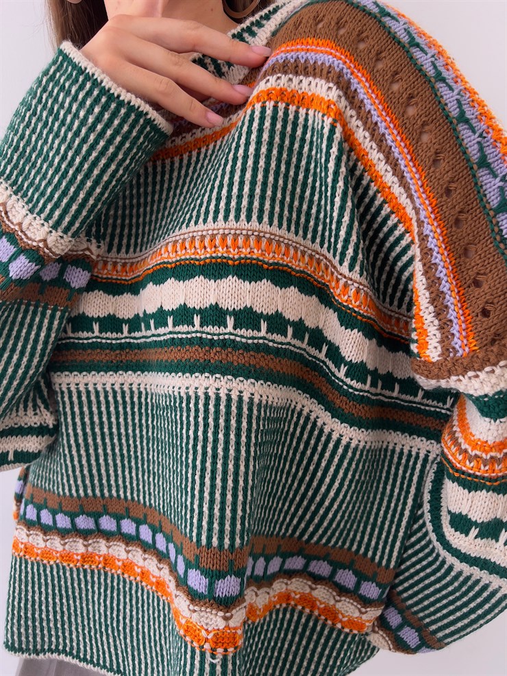 Bisiklet Yaka Desenli Marlon Kadın Renkli Triko Kazak 23K000264