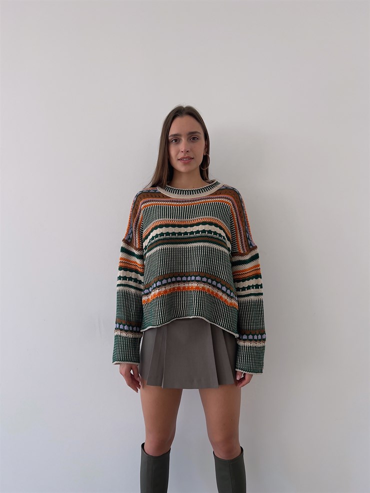 Bisiklet Yaka Desenli Marlon Kadın Renkli Triko Kazak 23K000264