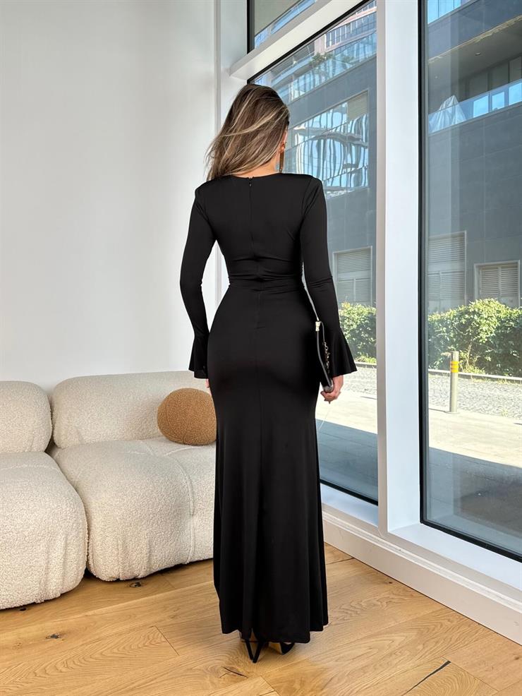 Derin V Yaka Volanlı Uzun Kol Marsam Siyah Kadın Elbise 25K439