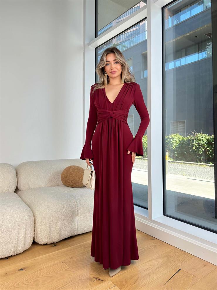 Derin V Yaka Volanlı Uzun Kol Marsam Bordo Kadın Elbise 25K439