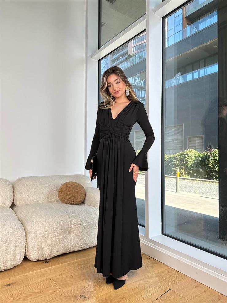 Derin V Yaka Volanlı Uzun Kol Marsam Siyah Kadın Elbise 25K439