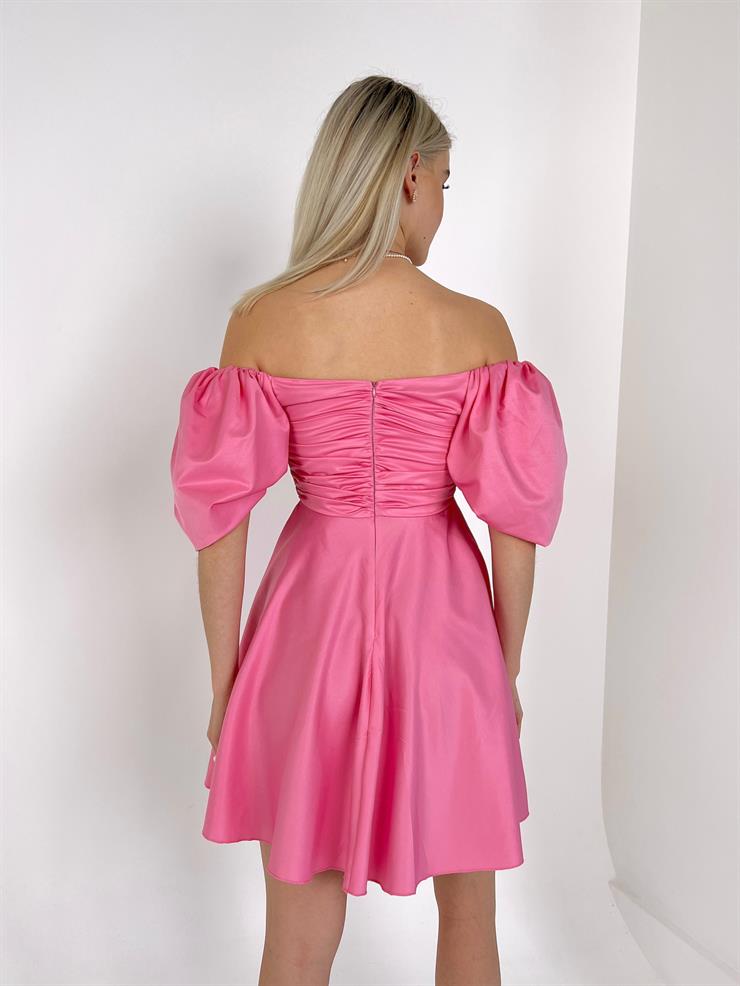 Göğüs Ve Sırt Kısmı Büzgü Detaylı Kısa Balon Kol Marsilio Kadın Pembe Mini Elbise 23Y000162