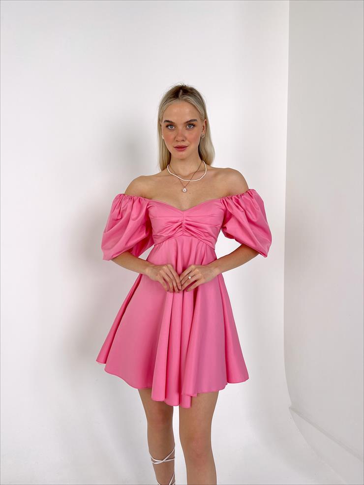 Göğüs Ve Sırt Kısmı Büzgü Detaylı Kısa Balon Kol Marsilio Kadın Pembe Mini Elbise 23Y000162