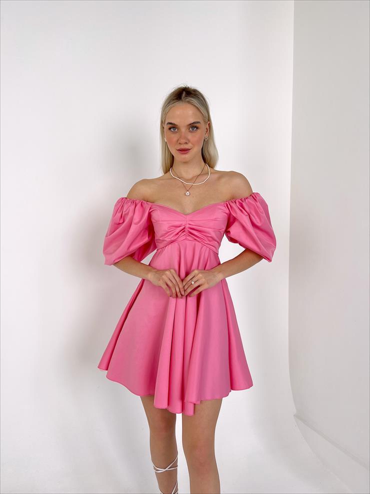 Göğüs Ve Sırt Kısmı Büzgü Detaylı Kısa Balon Kol Marsilio Kadın Pembe Mini Elbise 23Y000162