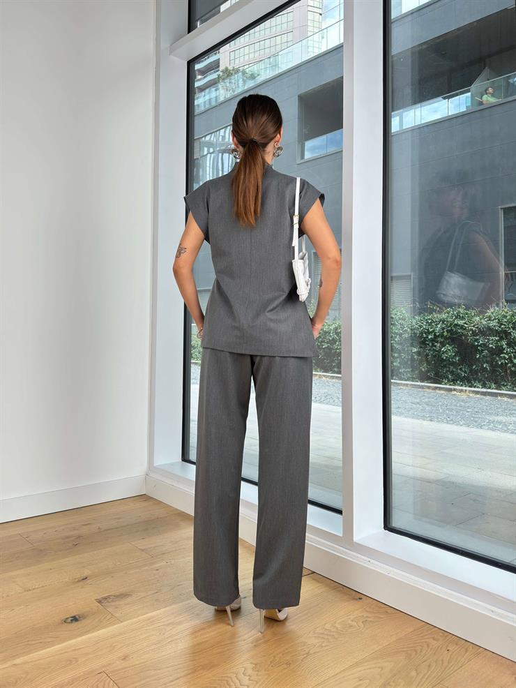 Omuz Vatkalı Kruvaze Yaka Bağlamalı Ceket Yüksek Bel Bol Paça Pantolon Marta Gri Kadın İkili Takım 25K099