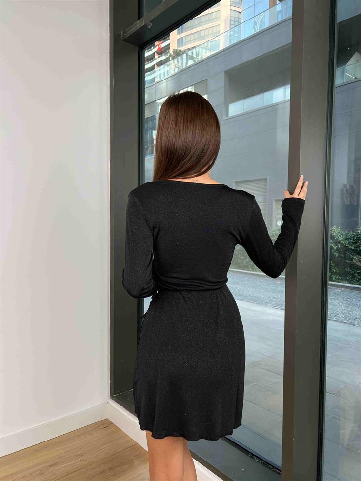 Kruvaaze Yaka Yandan Bağlamalı Marte Kadın Siyah Mini Elbise 24k000199