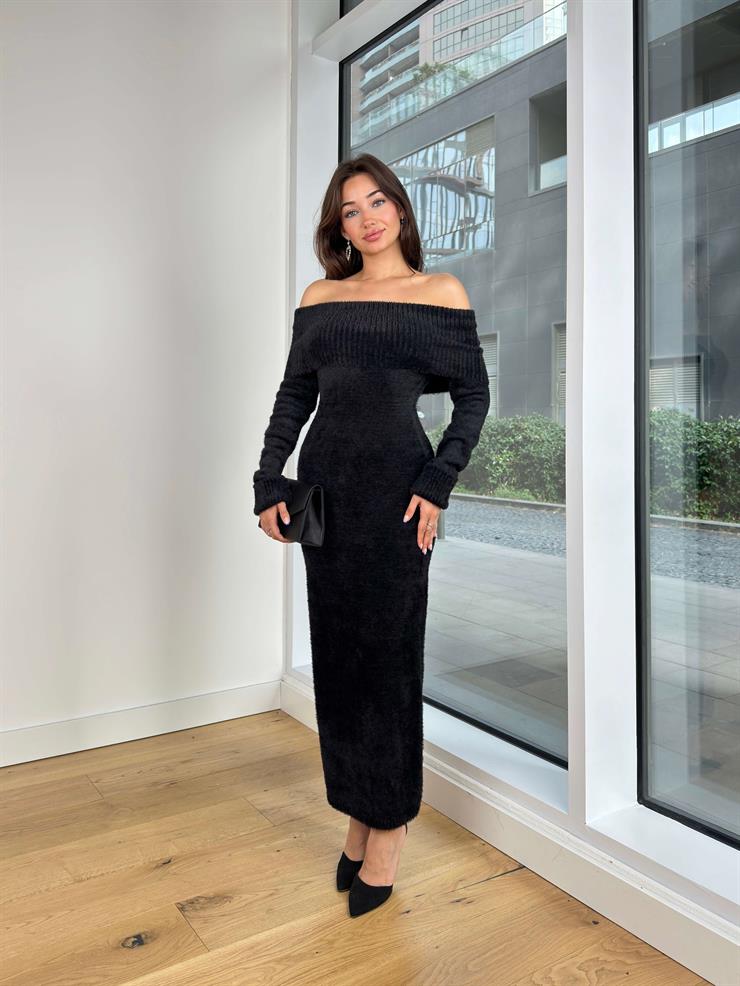 Madonna Yaka Marti Siyah Kadın Örme Elbise 25K202