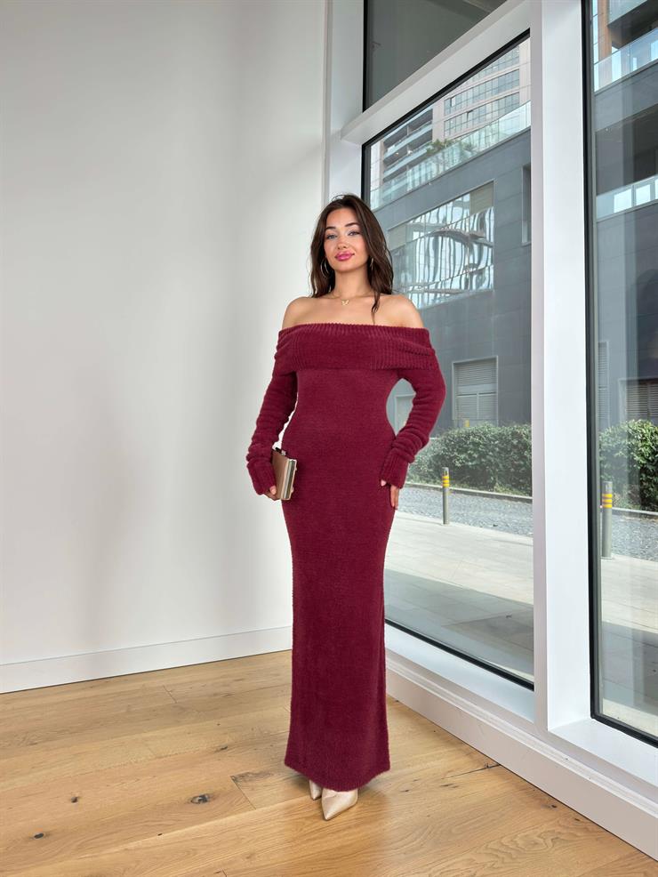 Madonna Yaka Marti Bordo Kadın Örme Elbise 25K202