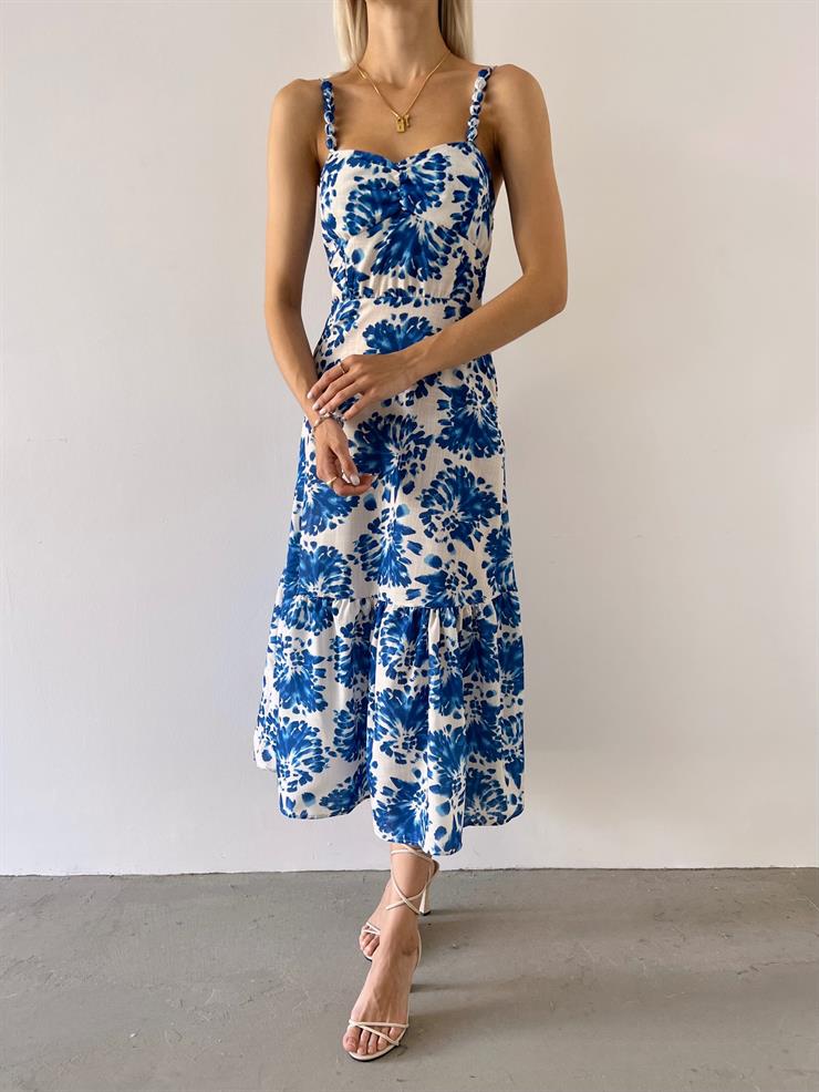 Askılı Önü Büzgü Detaylı Martim Kadın Mavi Çiçekli Elbise 23Y000549