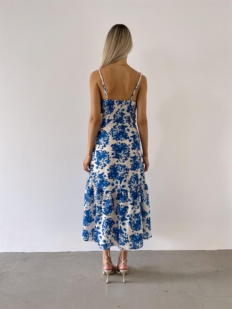 Askılı Önü Büzgü Detaylı Martim Kadın Mavi Çiçekli Elbise 23Y000549