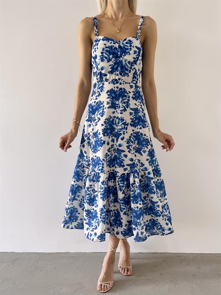 Askılı Önü Büzgü Detaylı Martim Kadın Mavi Çiçekli Elbise 23Y000549