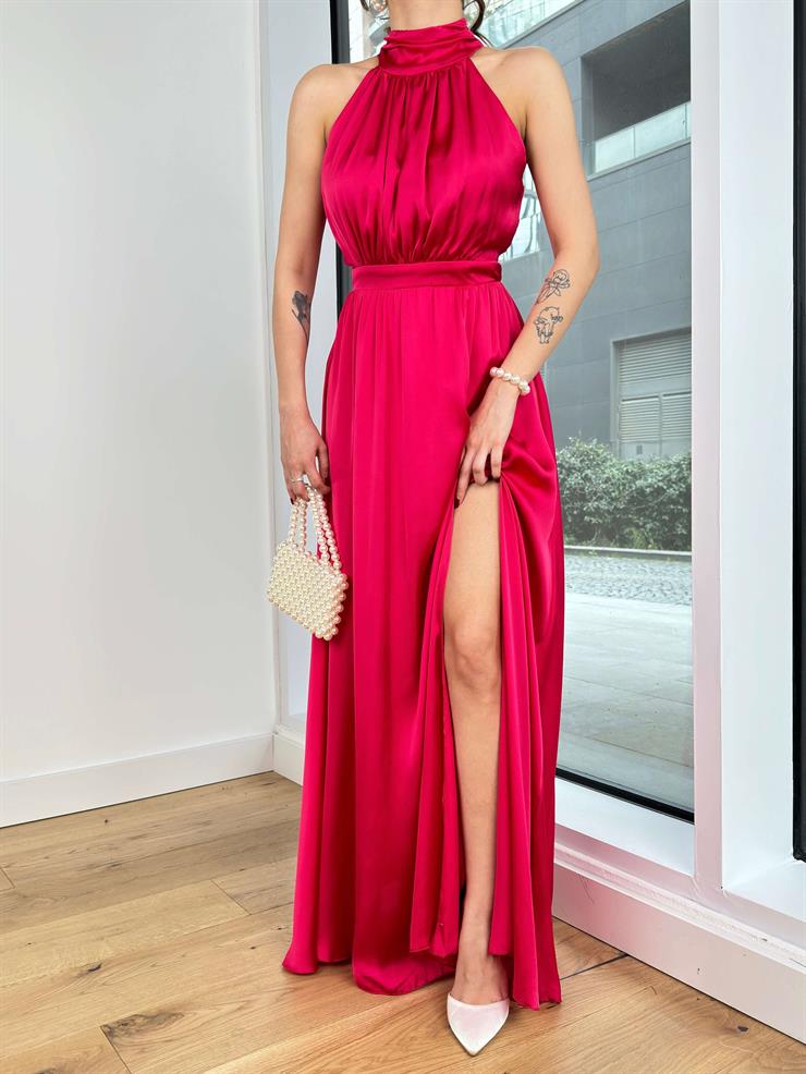 Boğazlı Drapeli Belden Oturtmalı Martin Kadın Fuşya Saten Maxi Elbise 24Y333