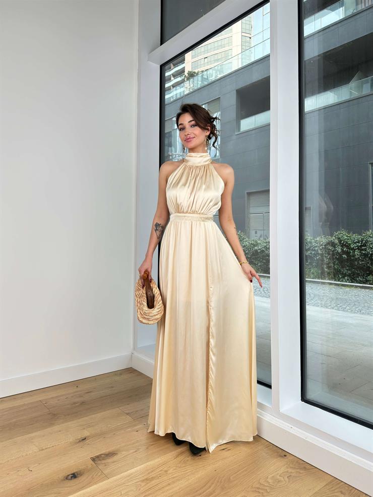 Boğazlı Drapeli Belden Oturtmalı Martin Kadın Taş Saten Maxi Elbise 24Y333