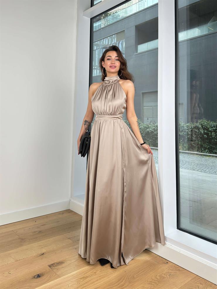 Boğazlı Drapeli Belden Oturtmalı Martin Kadın Vizon Saten Maxi Elbise 24Y333