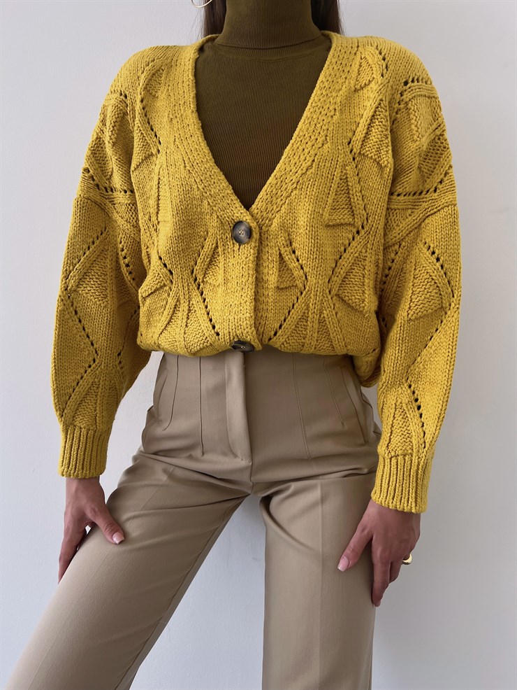 V Yaka Düğme Kapamalı Martinelli Kadın Hardal Triko Hırka 23K000260