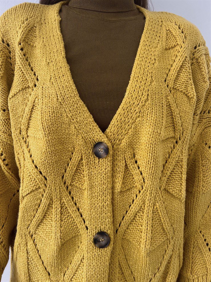 V Yaka Düğme Kapamalı Martinelli Kadın Hardal Triko Hırka 23K000260