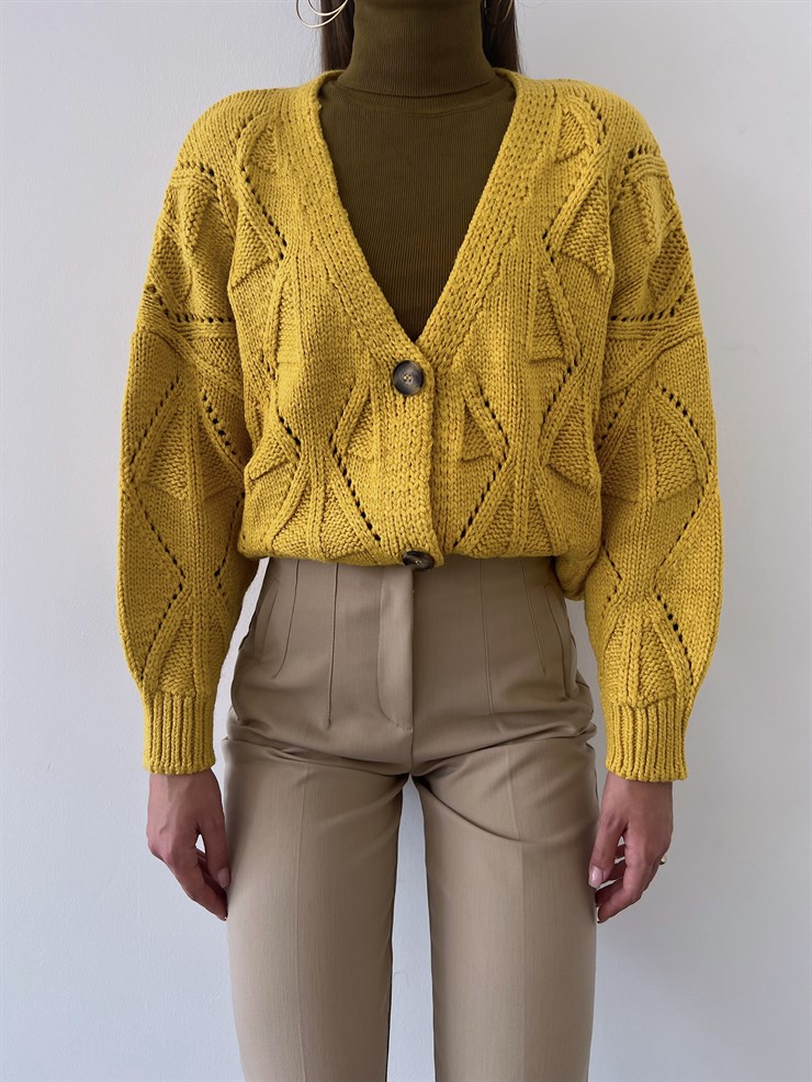 V Yaka Düğme Kapamalı Martinelli Kadın Hardal Triko Hırka 23K000260