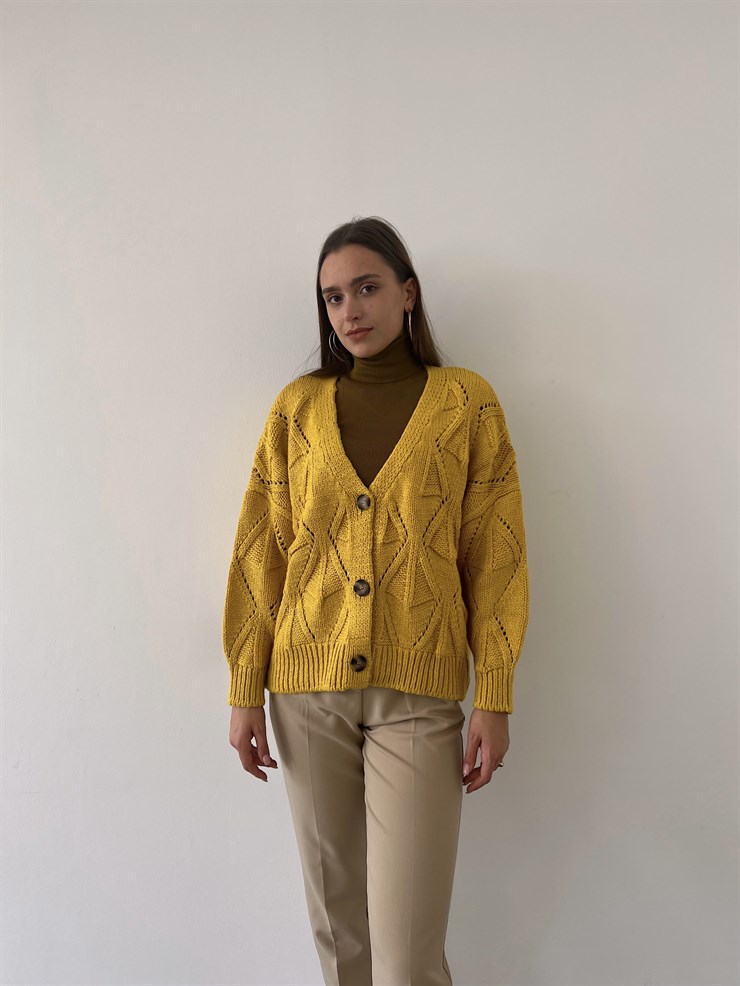 V Yaka Düğme Kapamalı Martinelli Kadın Hardal Triko Hırka 23K000260