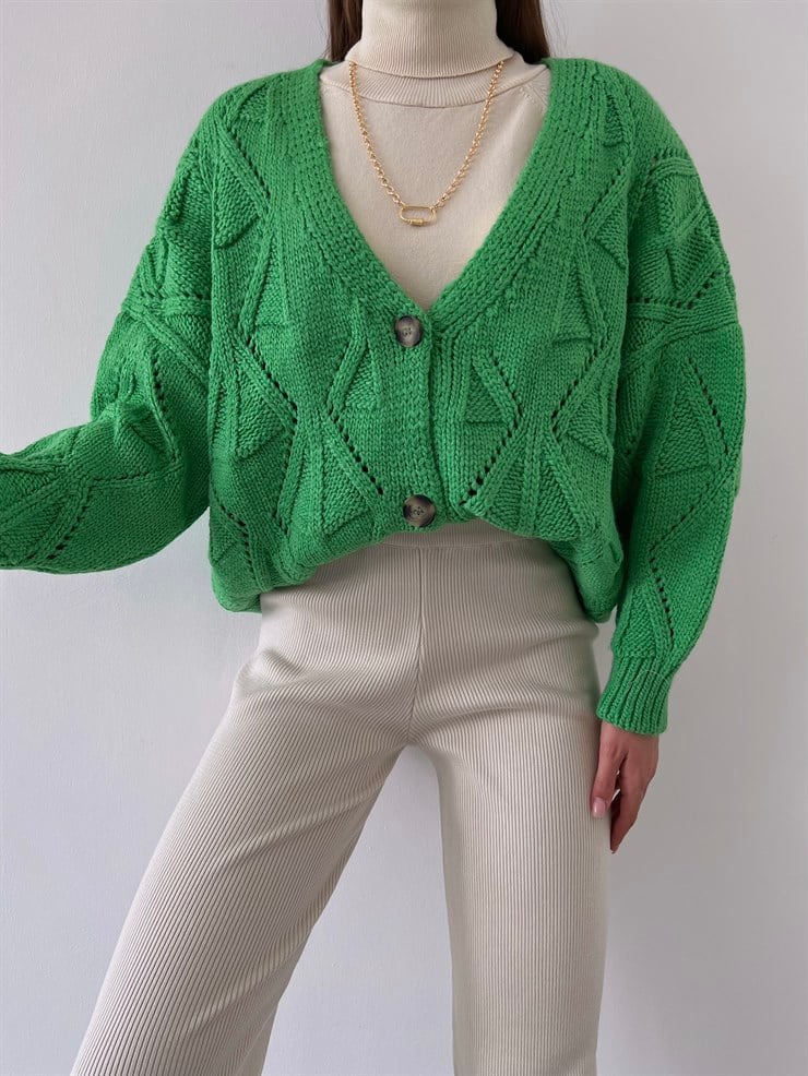 V Yaka Düğme Kapamalı Martinelli Kadın Yeşil Triko Hırka 23K000260