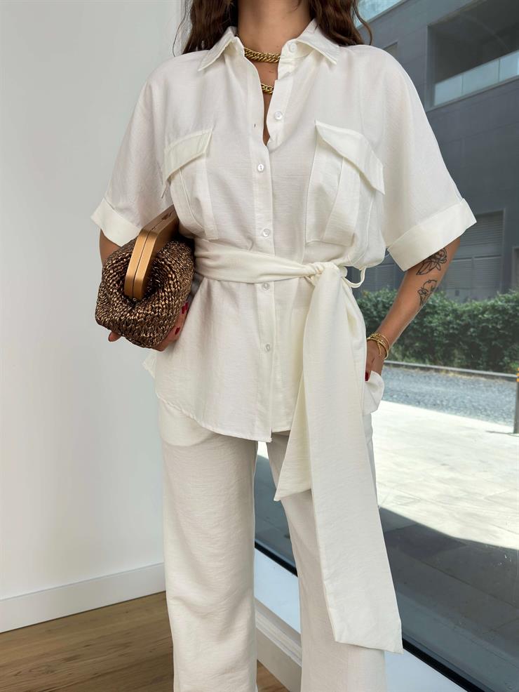 Yarım Kol Belden Kuşaklı Gömlek Bol Paça Pantolon Martins Kadın Ekru Takım 24Y777