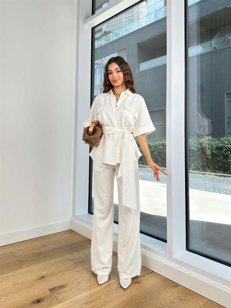 Yarım Kol Belden Kuşaklı Gömlek Bol Paça Pantolon Martins Kadın Ekru Takım 24Y777