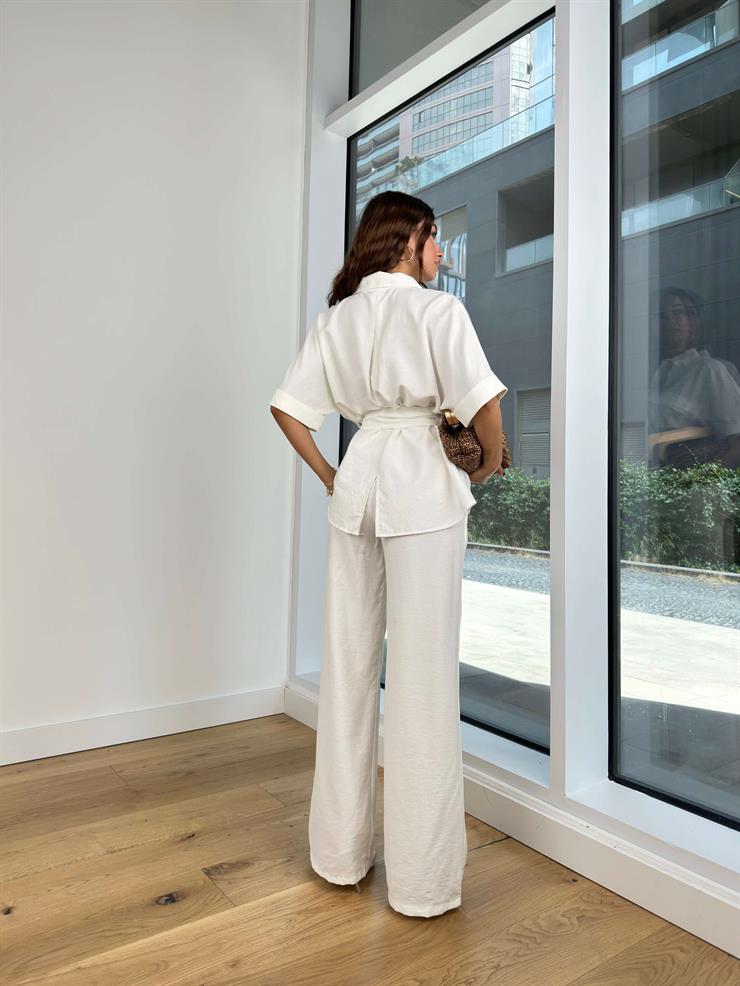 Yarım Kol Belden Kuşaklı Gömlek Bol Paça Pantolon Martins Kadın Ekru Takım 24Y777