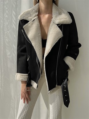 İçi Vegan Kürklü Önü Fermuarlı Kemer Detaylı Martoni Kadın Siyah Mont 23K000087