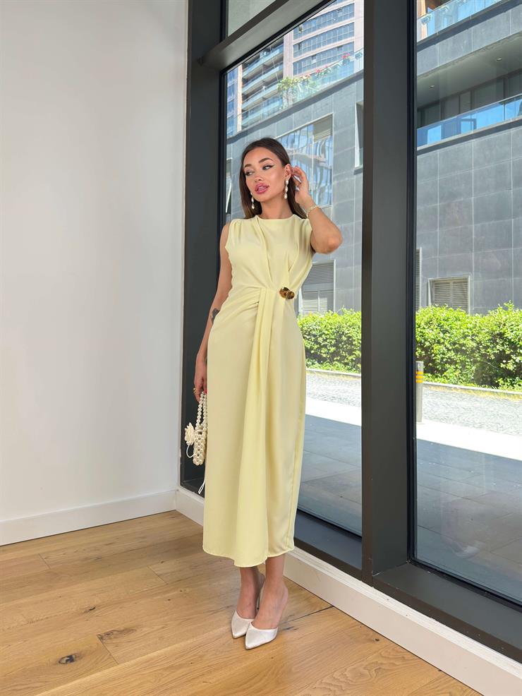 Büzgü Detaylı Aksesuarlı Marvin Sarı Kadın Elbise 25Y352