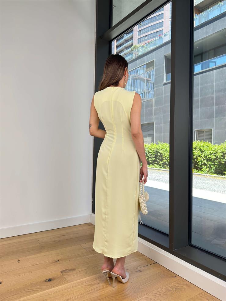 Büzgü Detaylı Aksesuarlı Marvin Sarı Kadın Elbise 25Y352