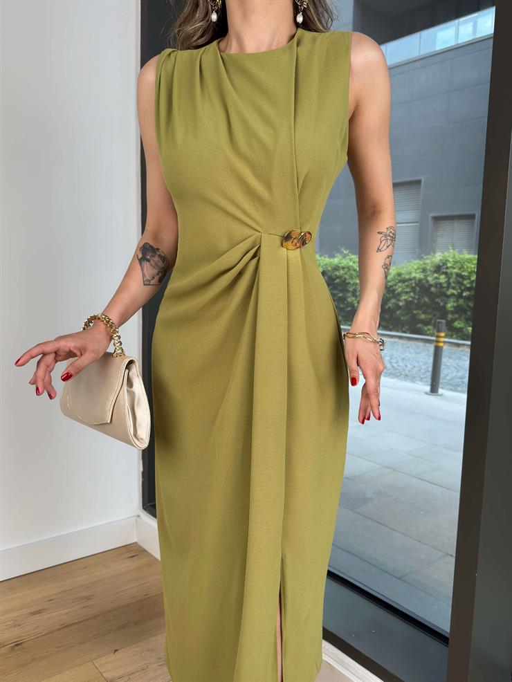 Büzgü Detaylı Aksesuarlı Marvin Yağ Yeşili Kadın Elbise 25Y352