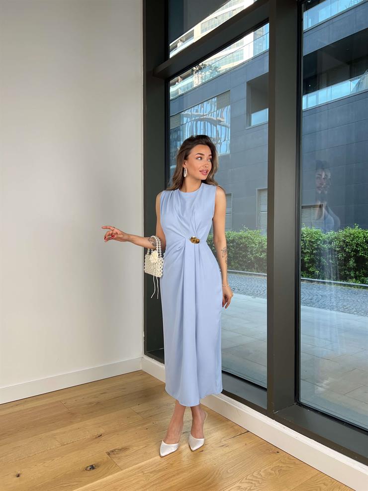 Büzgü Detaylı Aksesuarlı Marvin Mavi Kadın Elbise 25Y352