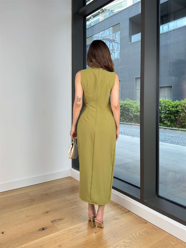 Büzgü Detaylı Aksesuarlı Marvin Yağ Yeşili Kadın Elbise 25Y352