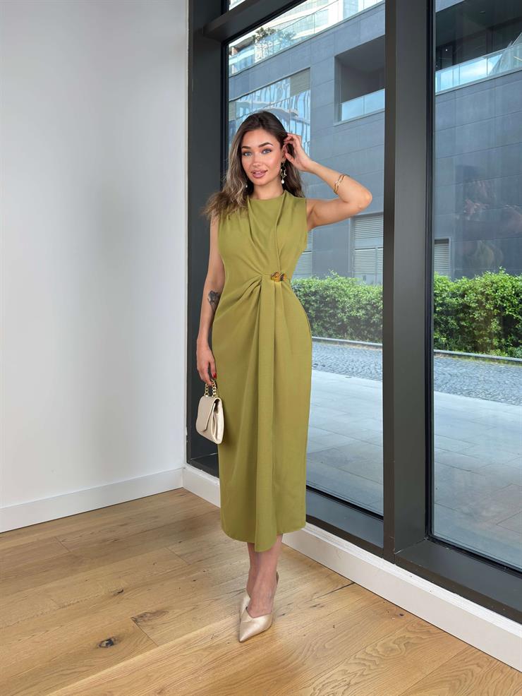 Büzgü Detaylı Aksesuarlı Marvin Yağ Yeşili Kadın Elbise 25Y352