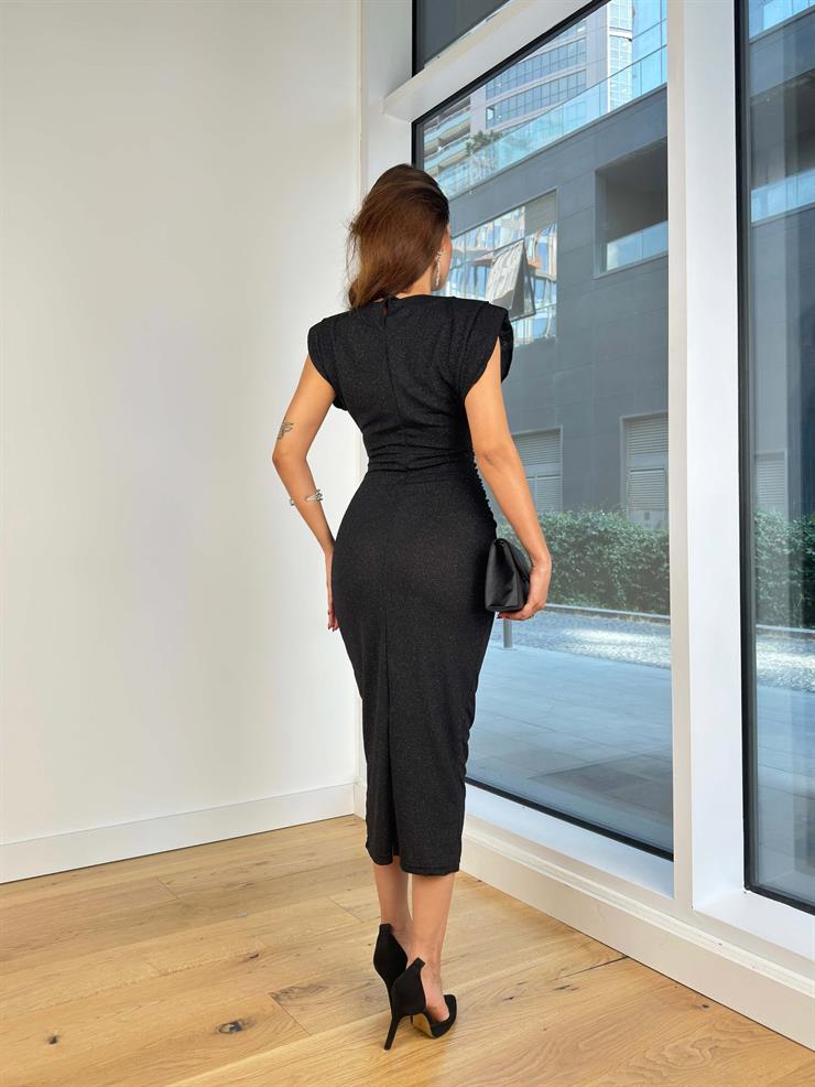 Omuz Vatkalı Drapeli Streç Marwan Kadın Mat Siyah Simli Midi Elbise 24Y735