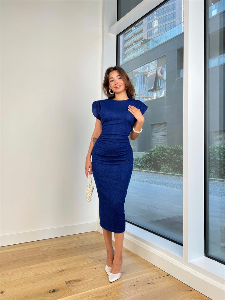 Omuz Vatkalı Drapeli Streç Marwan Kadın Saks Simli Midi Elbise 24Y735