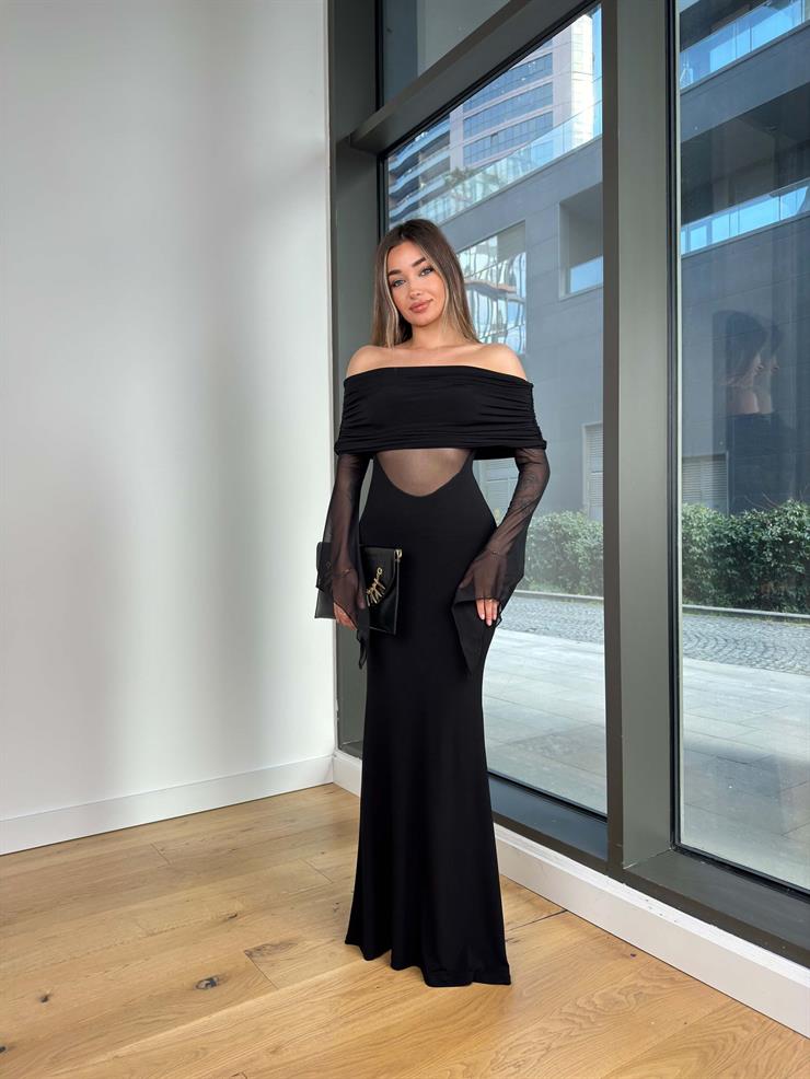 Madonna Yaka Transparan Detaylı Mary Siyah Kadın Elbise 25K474